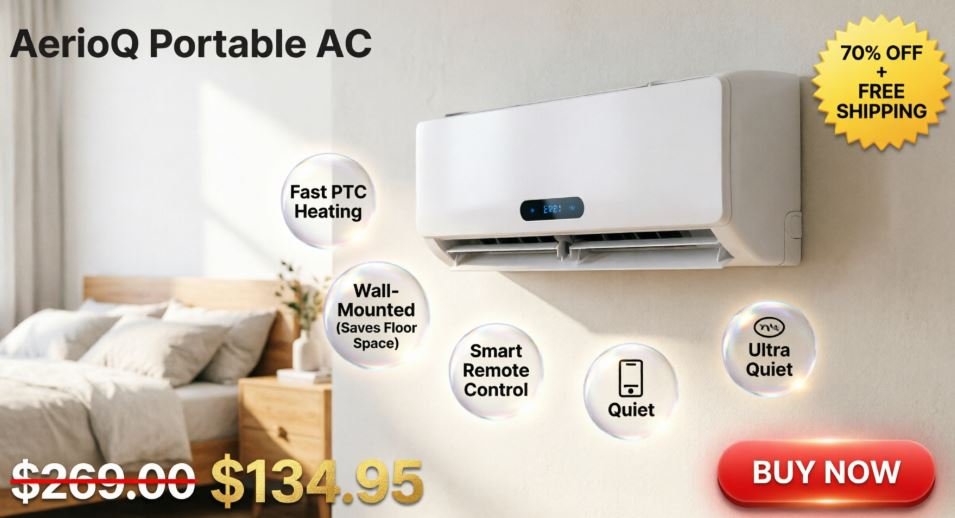 AerioQ Portable AC mounted on a bedroom wall next to a bed