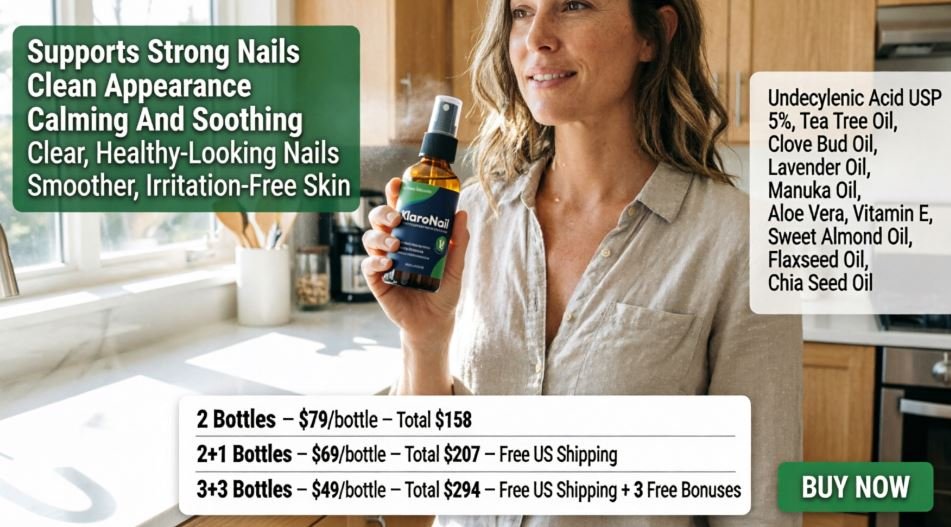 Customer holding KlaroNail spray bottle at home with benefits, ingredients and price