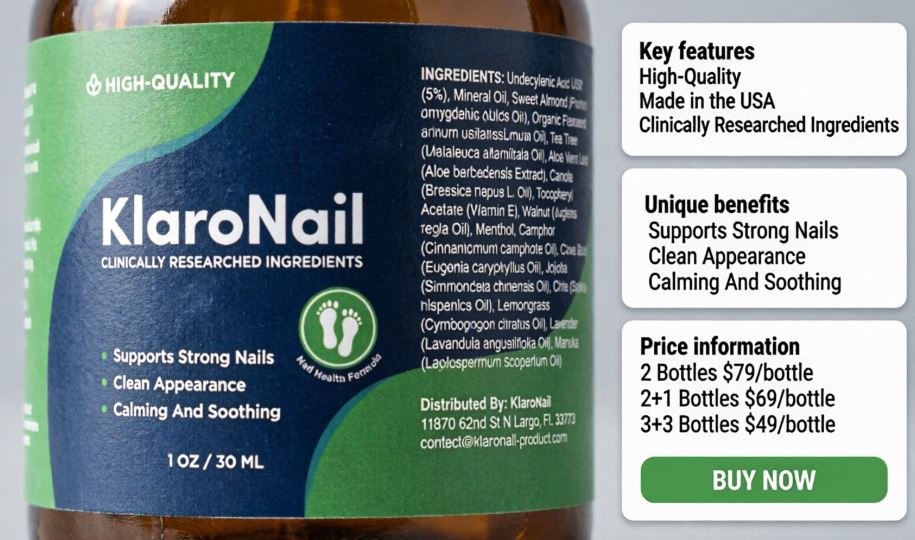 KlaroNail bottle front view with benefits, ingredients and price list